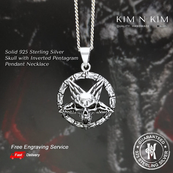 925 Sterling Silver Skull with Inverted Pentagram Pendant