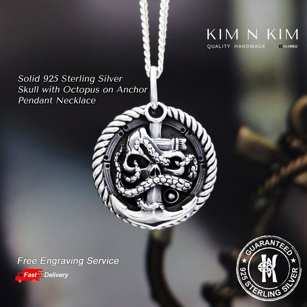 925 Sterling Silver Skull with Octopus on Anchor Pendant