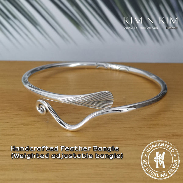 925 Sterling Silver Weighted Feather Bangle Bracelet