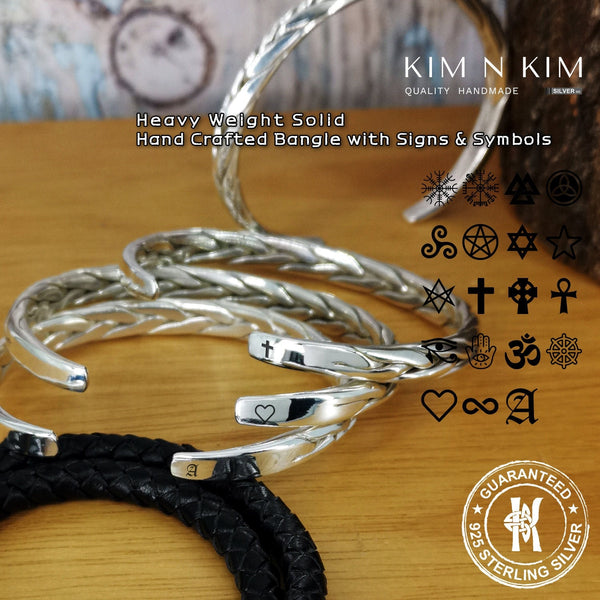 925 Sterling Silver Heavy Weight Braided Torque Bangle Bracelet with Symbol