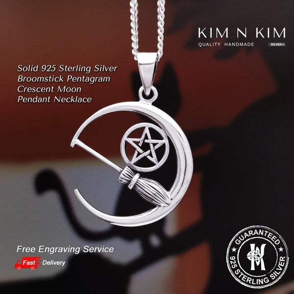 925 Sterling Silver Broomstick Pentagram Crescent Moon Pendant