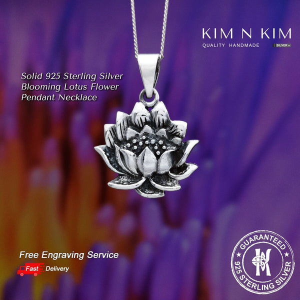 925 Sterling Silver Blooming Lotus Flower Pendant Necklace