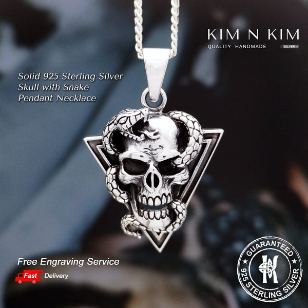 925 Sterling Silver Skull with Snake Pendant