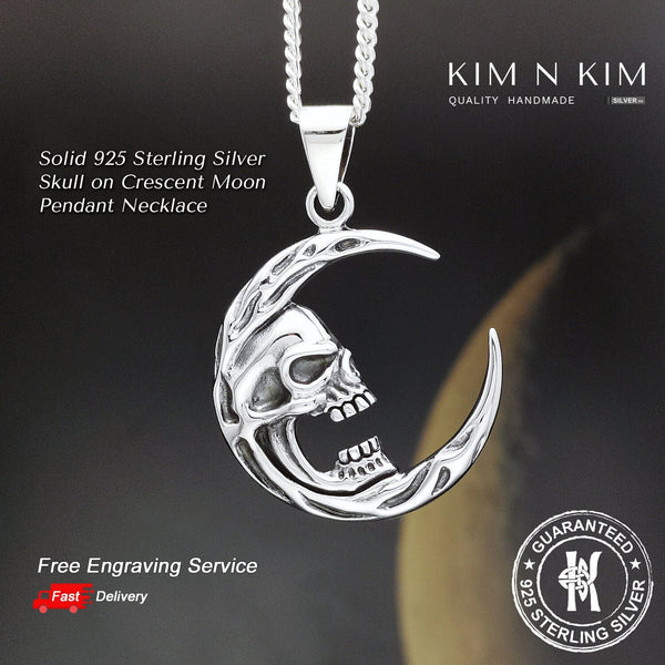 925 Sterling Silver Skull on Crescent Moon Pendant