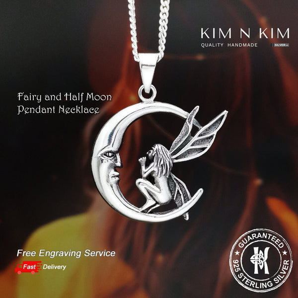 925 Sterling Silver Fairy and Half Moon Pendant