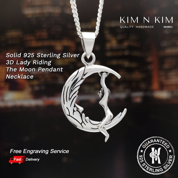 925 Sterling Silver 3D Lady Riding The Moon Pendant