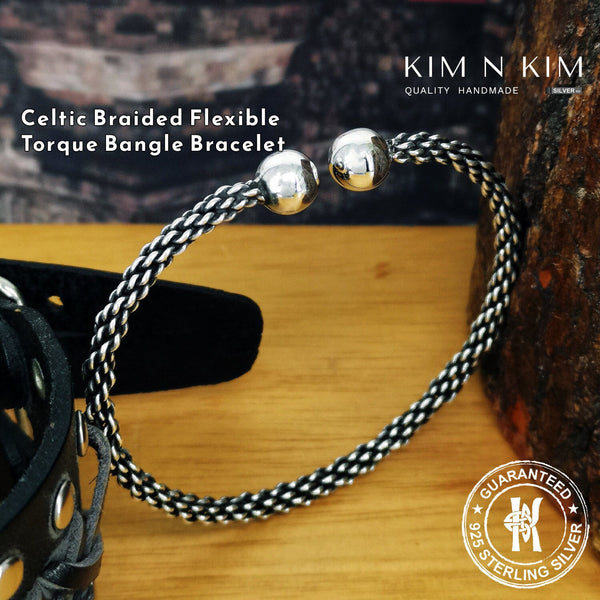 925 Sterling Silver Celtic Braided Flexible Torque Bangle Bracelet