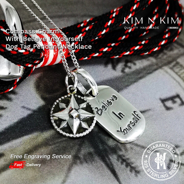 925 Sterling Silver Compass Charm with Believe In Yourself Dog Tag Pendant Necklace