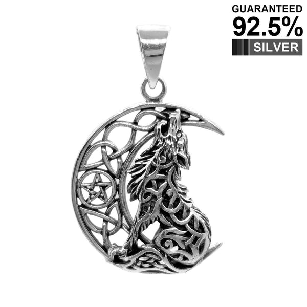 925 Sterling Silver Howling Moon Lone Wolf Pentagram Celtic Pagan Wicca Pendant Necklace