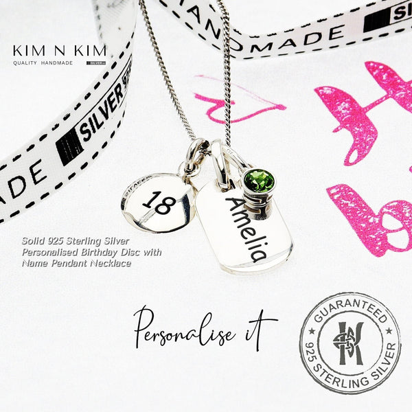 Birthday Disc Tag Name Pendant Necklace with Birthstone