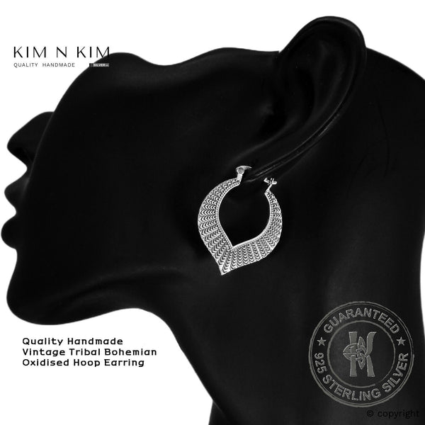 925 Sterling Silver Vintage Tribal Bohemian Oxidised Hoop Earring