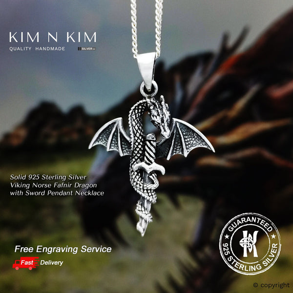 925 Sterling Silver Viking Norse Fafnir Dragon with Sword Pendant