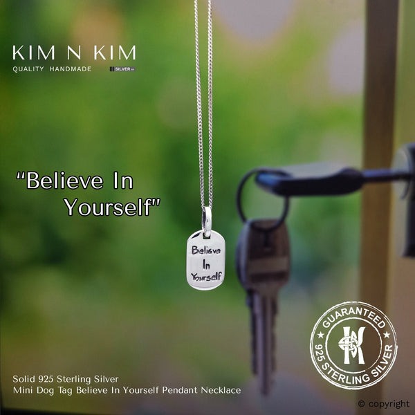 925 Sterling Silver Mini Dog Tag Believe In Yourself Pendant Necklace