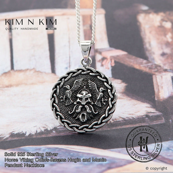 925 Sterling Silver Norse Viking Odin's Ravens Hugin and Munin Pendant Necklace