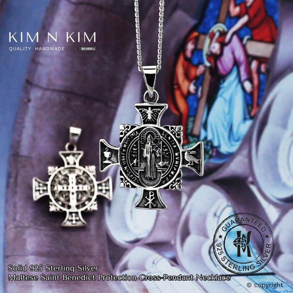 925 Solid Sterling Silver Maltese Saint Benedict Protection Cross Pendant Necklace